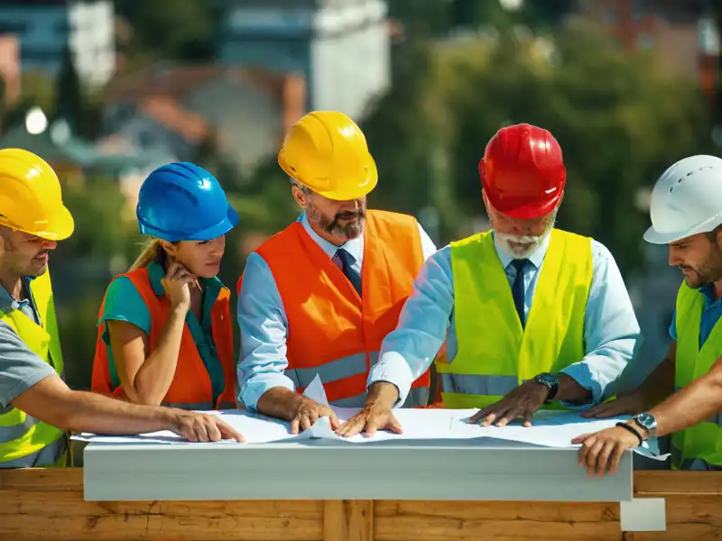 Group of contractors supervising building process on a rooftop.