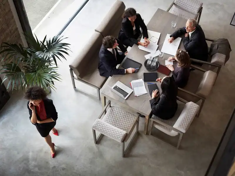 Areial view of a business meeting.