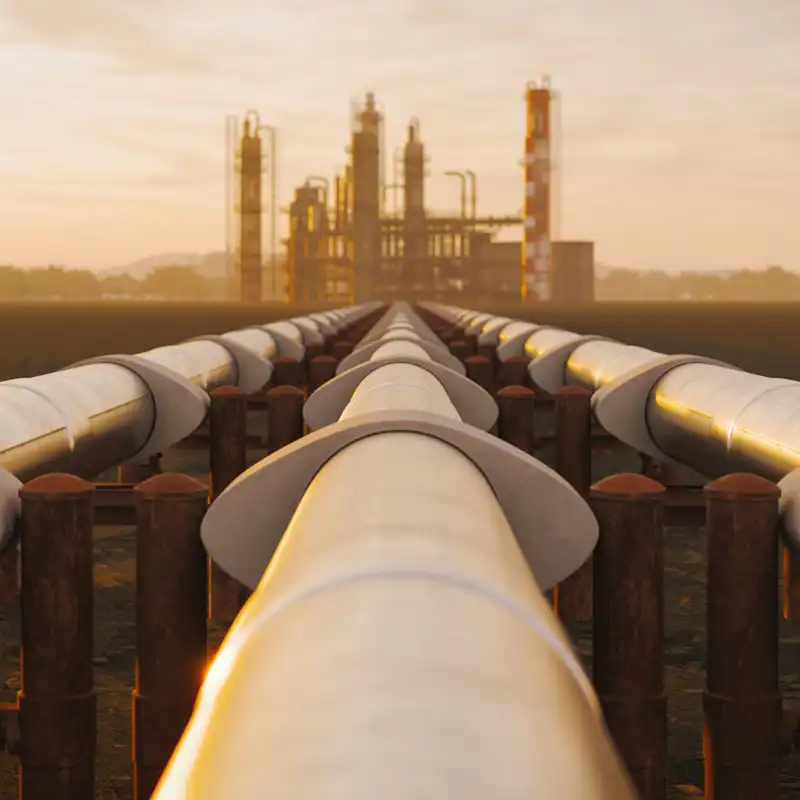 Oil refinery and pipeline in desert during sunset.