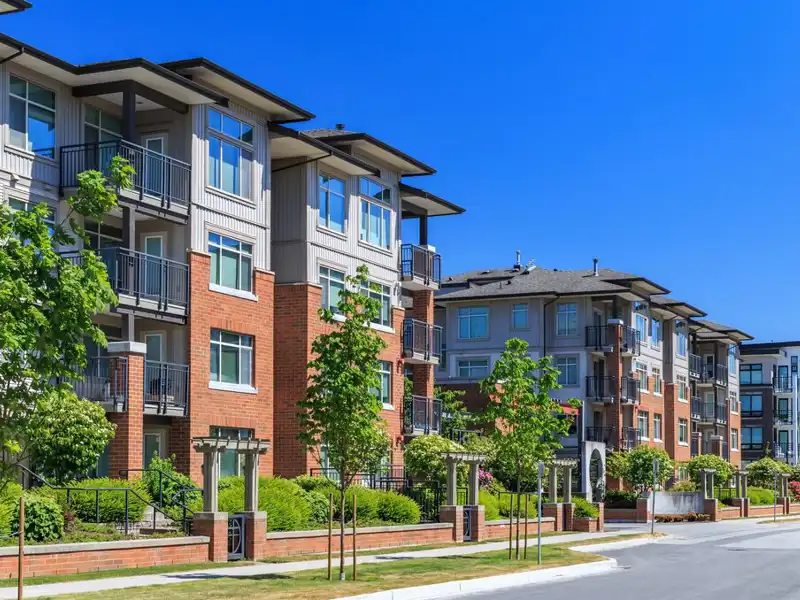 Modern apartment buildings.