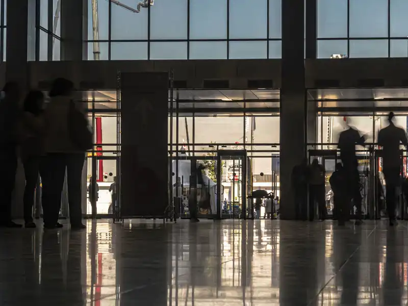 an airplane lobby full of travelers