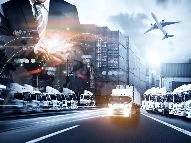 World map with logistic network distribution on background.