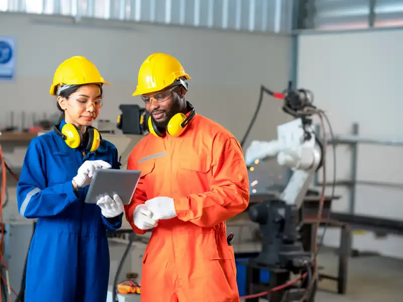 Two construction workers looking at a tablet.
