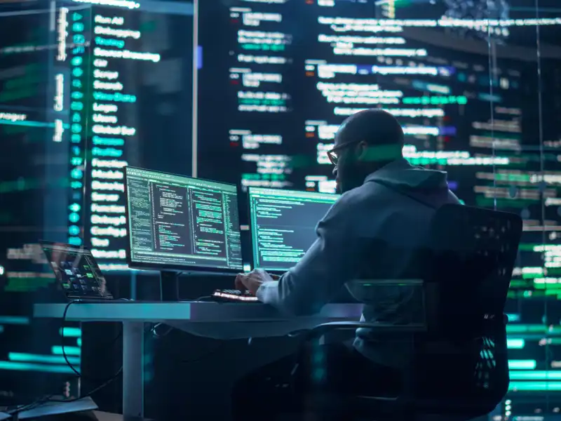 A person looking over cyber security breach.