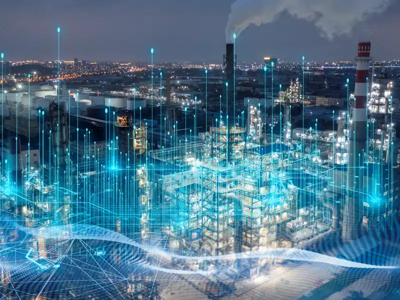 Aerial view of a power plant with data concept.
